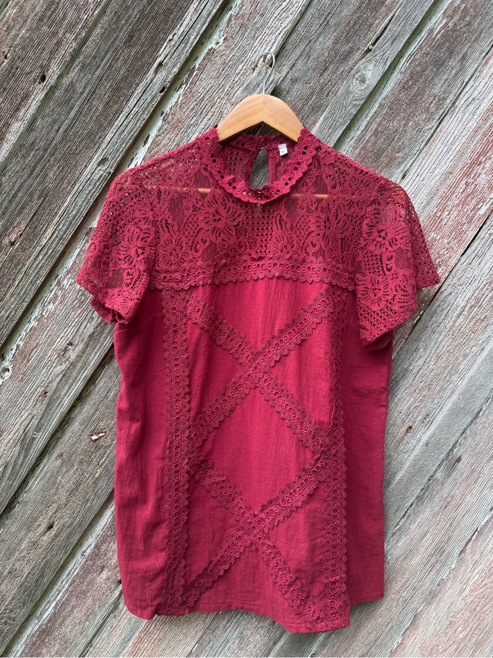 Burgundy Cotton Lace Blouse Romantic Boho Cottagecore Short Sleeve Top